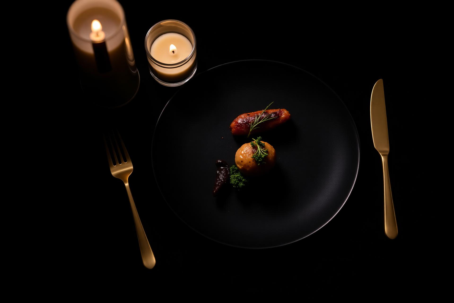 Plated dish under candlelight with brushed gold flatware